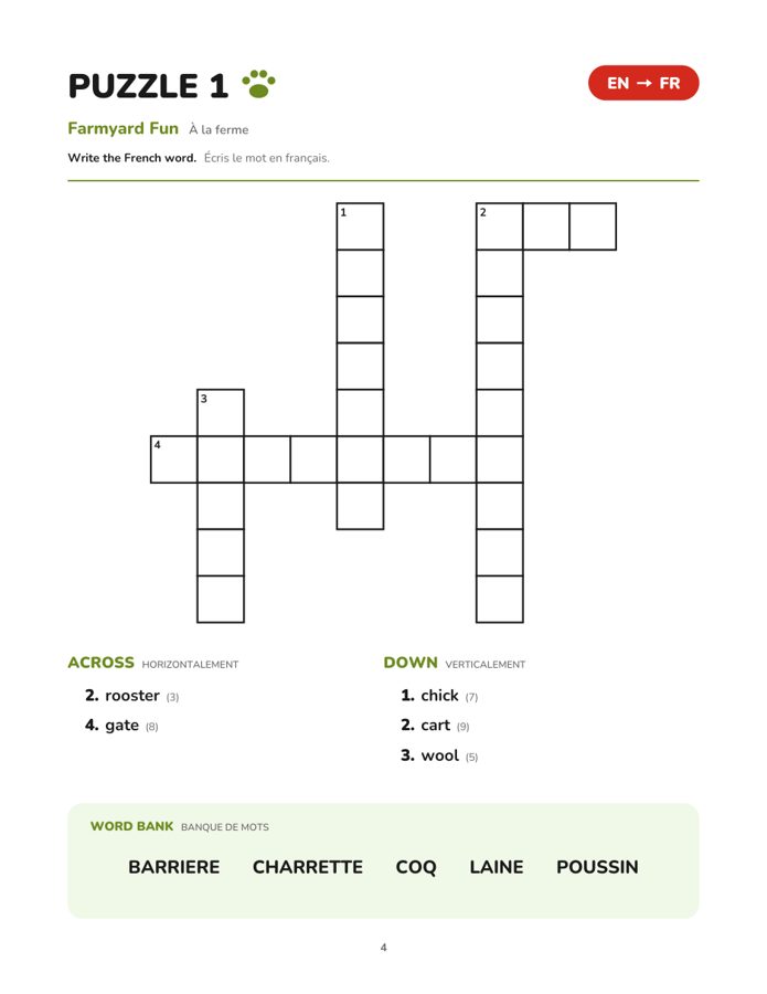 Exemple de page de jeu : À la ferme (Farmyard Fun), de l’anglais au français, avec indices et banque de mots